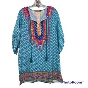Urban Coco Bohemian Tie Neck Mixed Print Dress/Tunic Size Large Turquoise Pink